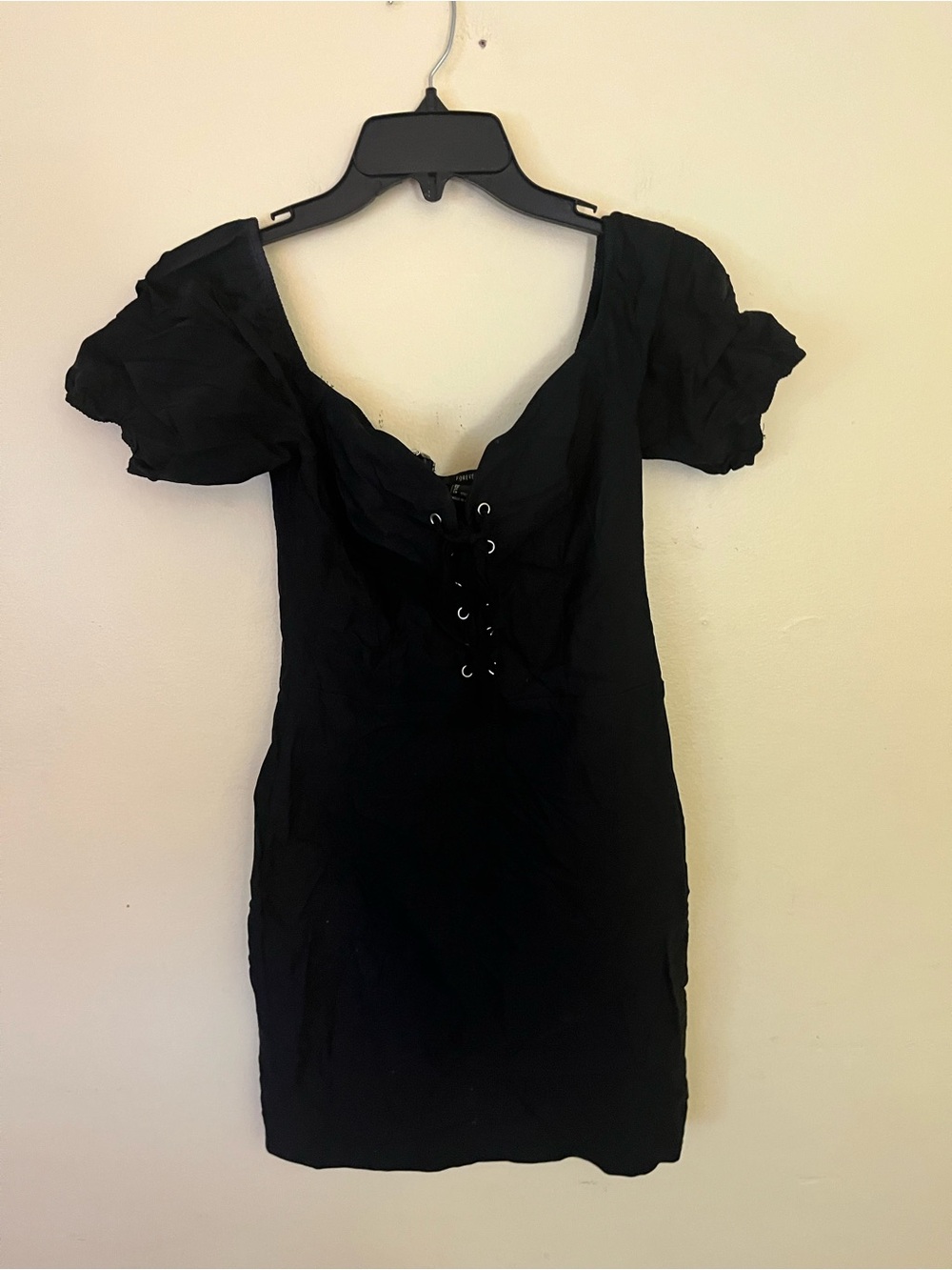 Forever 21 Black Lace-Up Puff Sleeve Mini Dress Size L